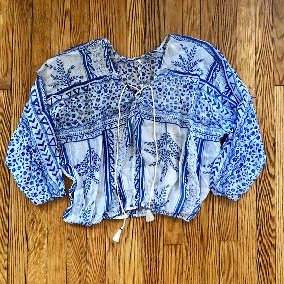 Free People Boho Blue and White Top w Tassel Ties - Picture 2 of 8